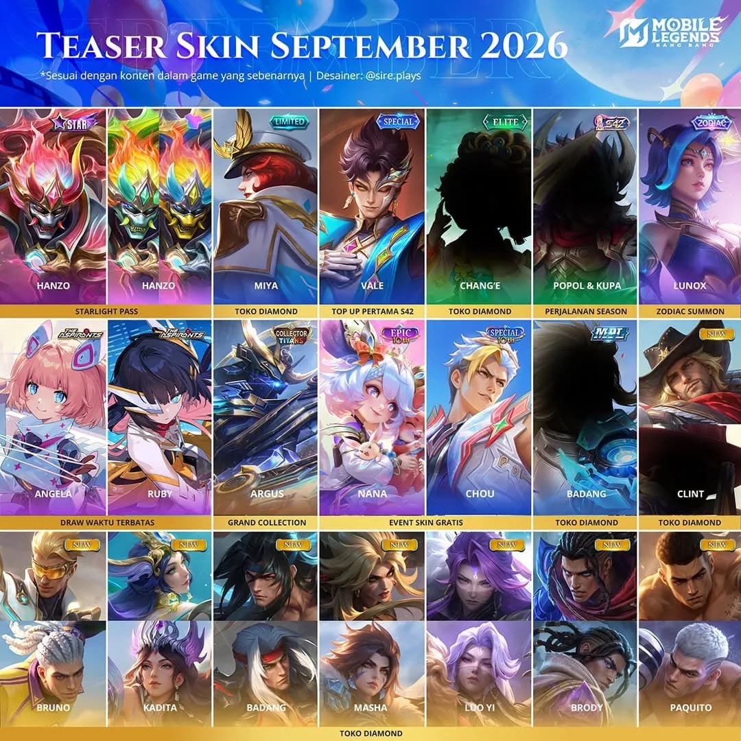 Daftar Skin Mobile Legends September 2026 dan Cara Mendapatkannya